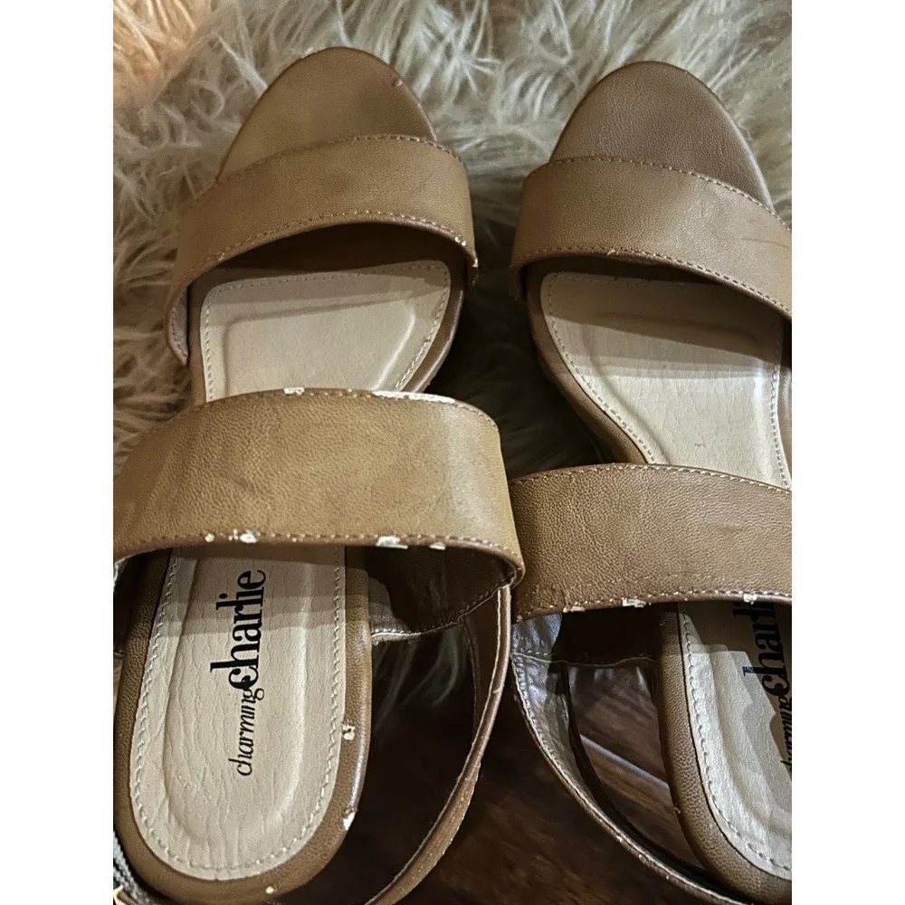 Charming‎ Charlie Wedge Sandals Tan Ankle Strap Platform Heels Women's Shoes S 8